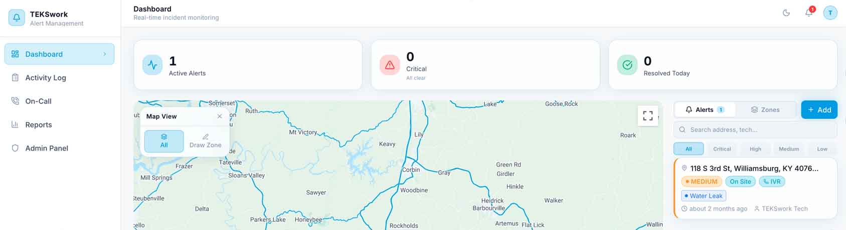 OnMapIt dashboard showing the live incident map, alert list, and status cards